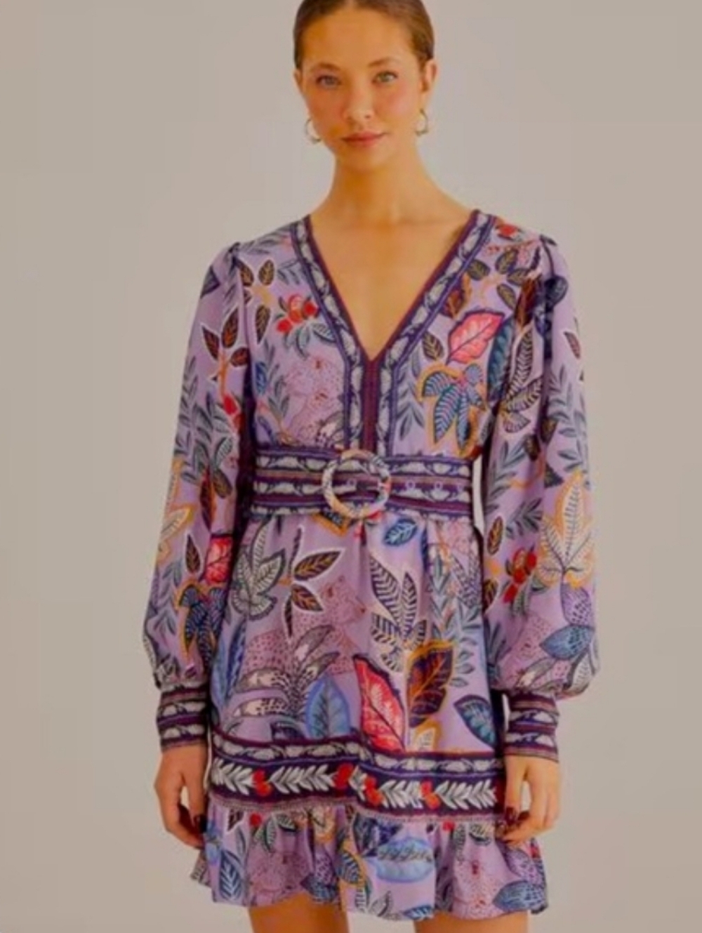 Farm Rio Purple Floral Boho Long Sleeve Mini Dress M - Picture 1 of 15